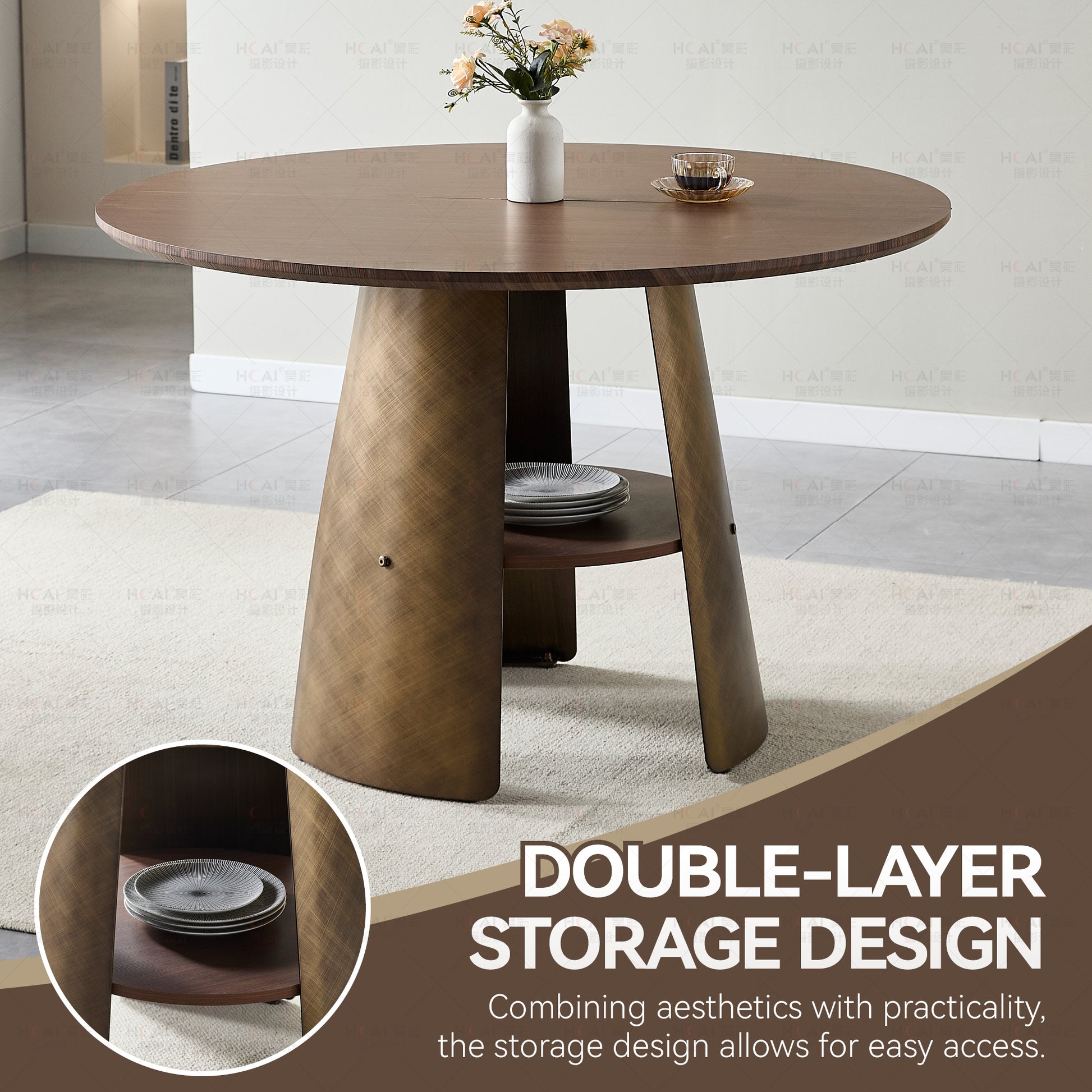 47.25 Inch Round Dining Table - Retro Style, Walnut Wood