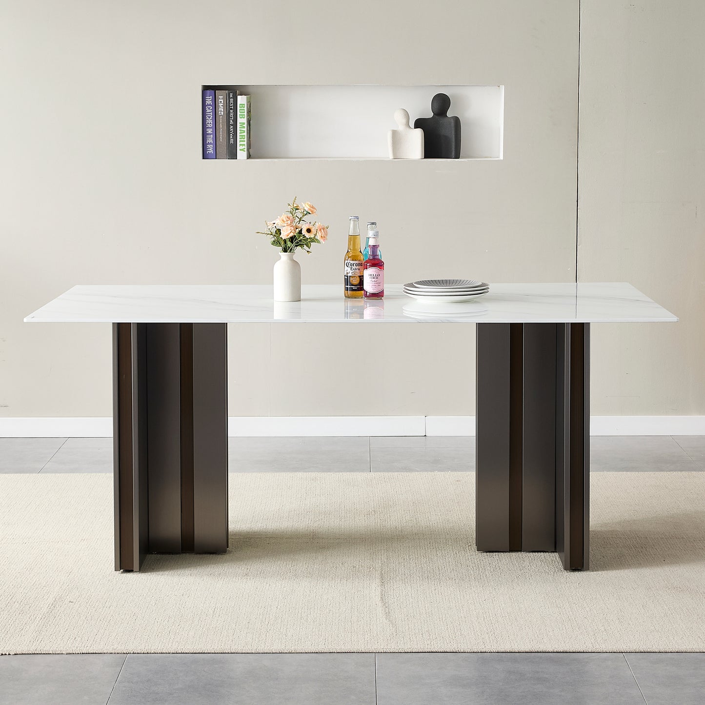 Modern Glass Dining Table with Marble Texture, Grey and White Finish