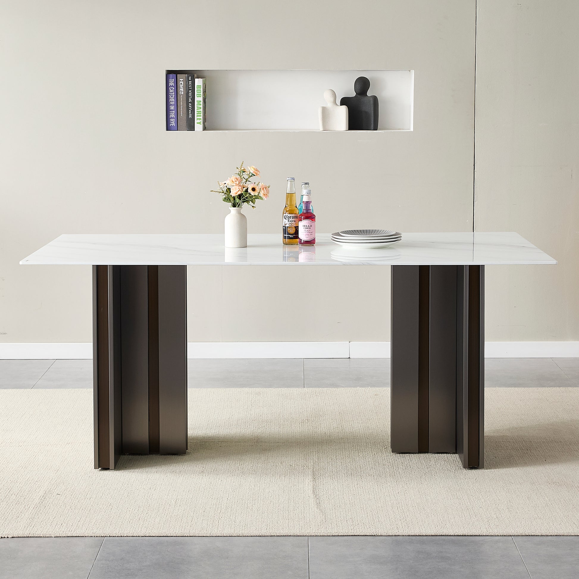 Modern Glass Dining Table with Marble Texture, Grey and White Finish