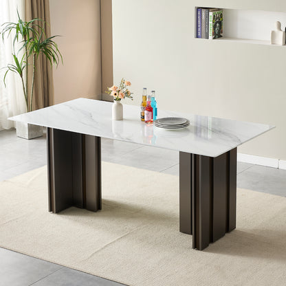 Modern Glass Dining Table with Marble Texture, Grey and White Finish