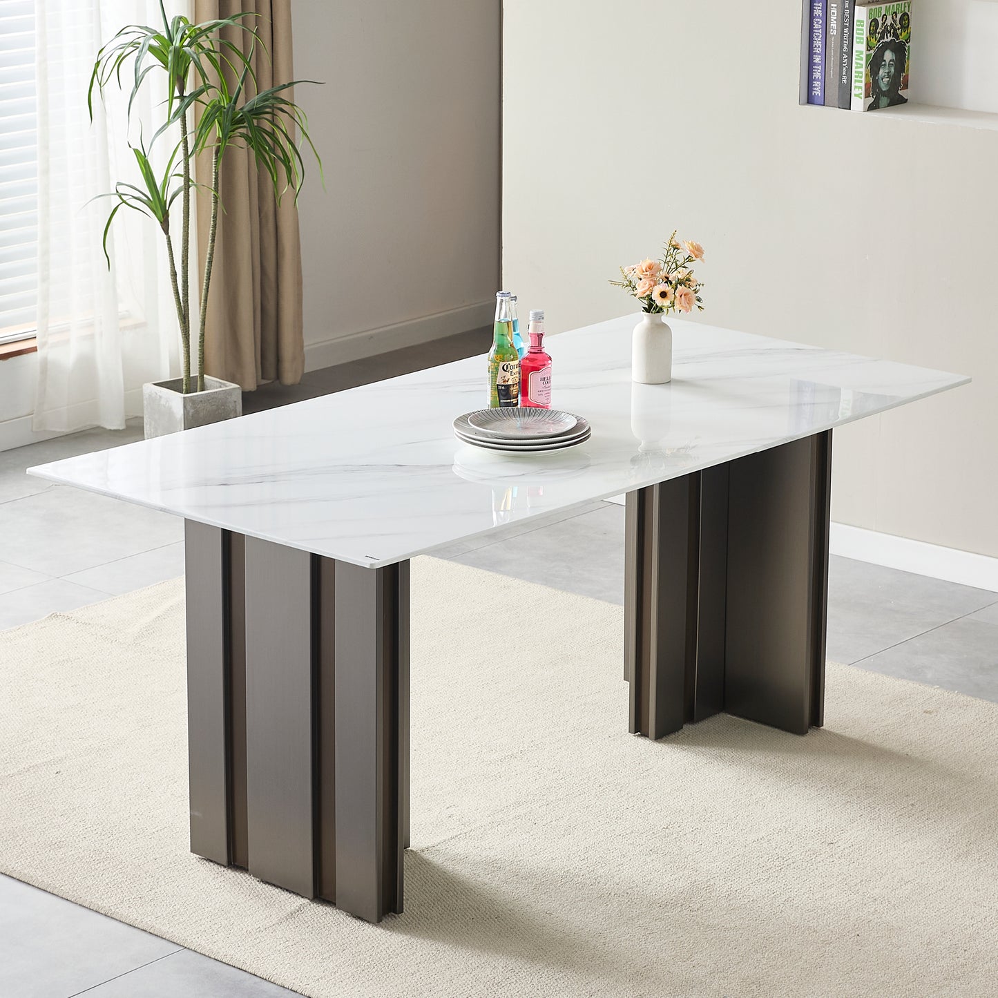Modern Glass Dining Table with Marble Texture, Grey and White Finish