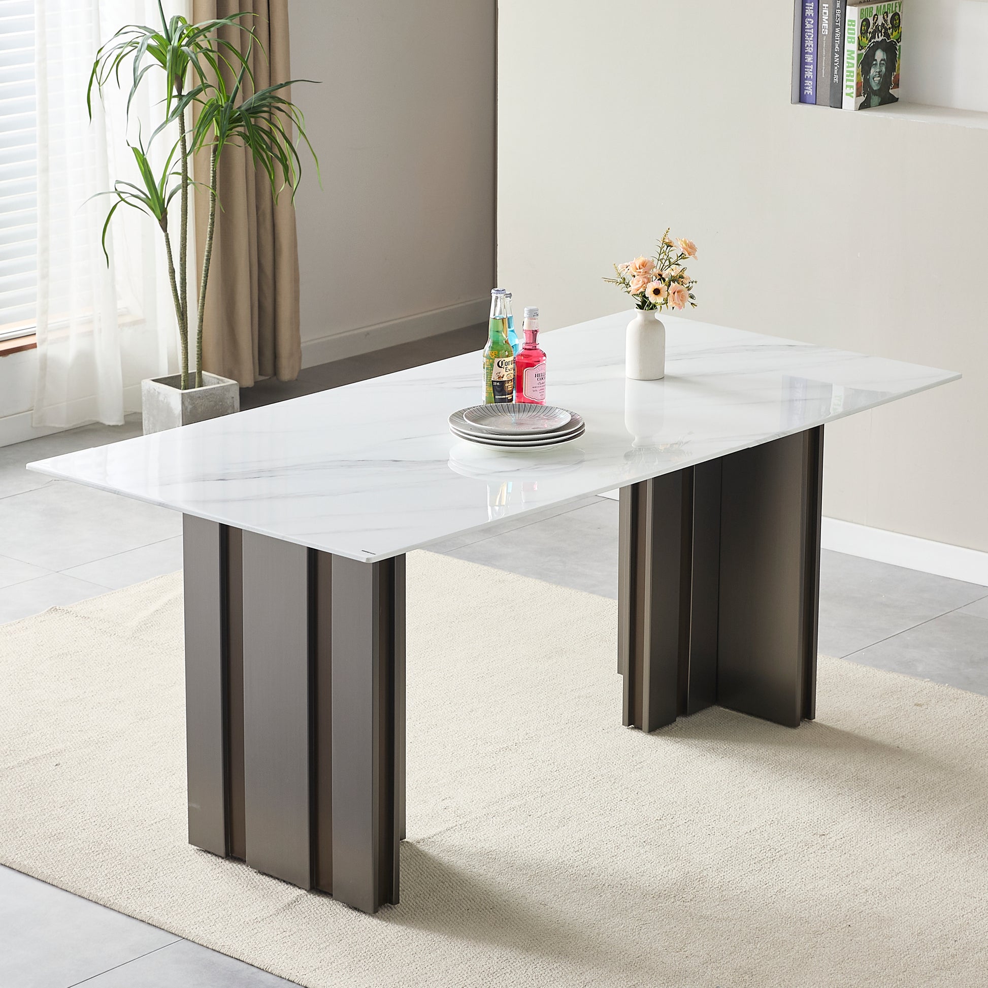 Modern Glass Dining Table with Marble Texture, Grey and White Finish