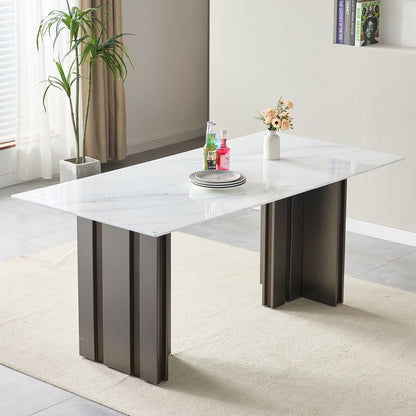 Modern Glass Dining Table with Marble Texture, Grey and White Finish