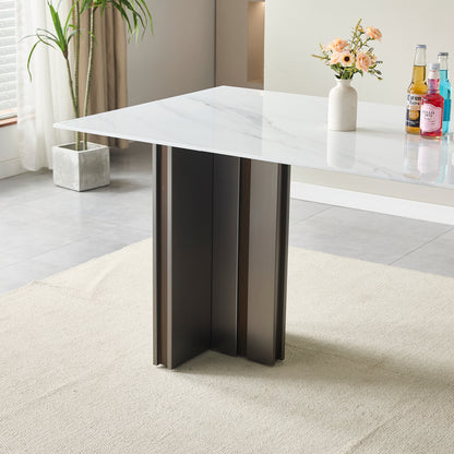 Modern Glass Dining Table with Marble Texture, Grey and White Finish