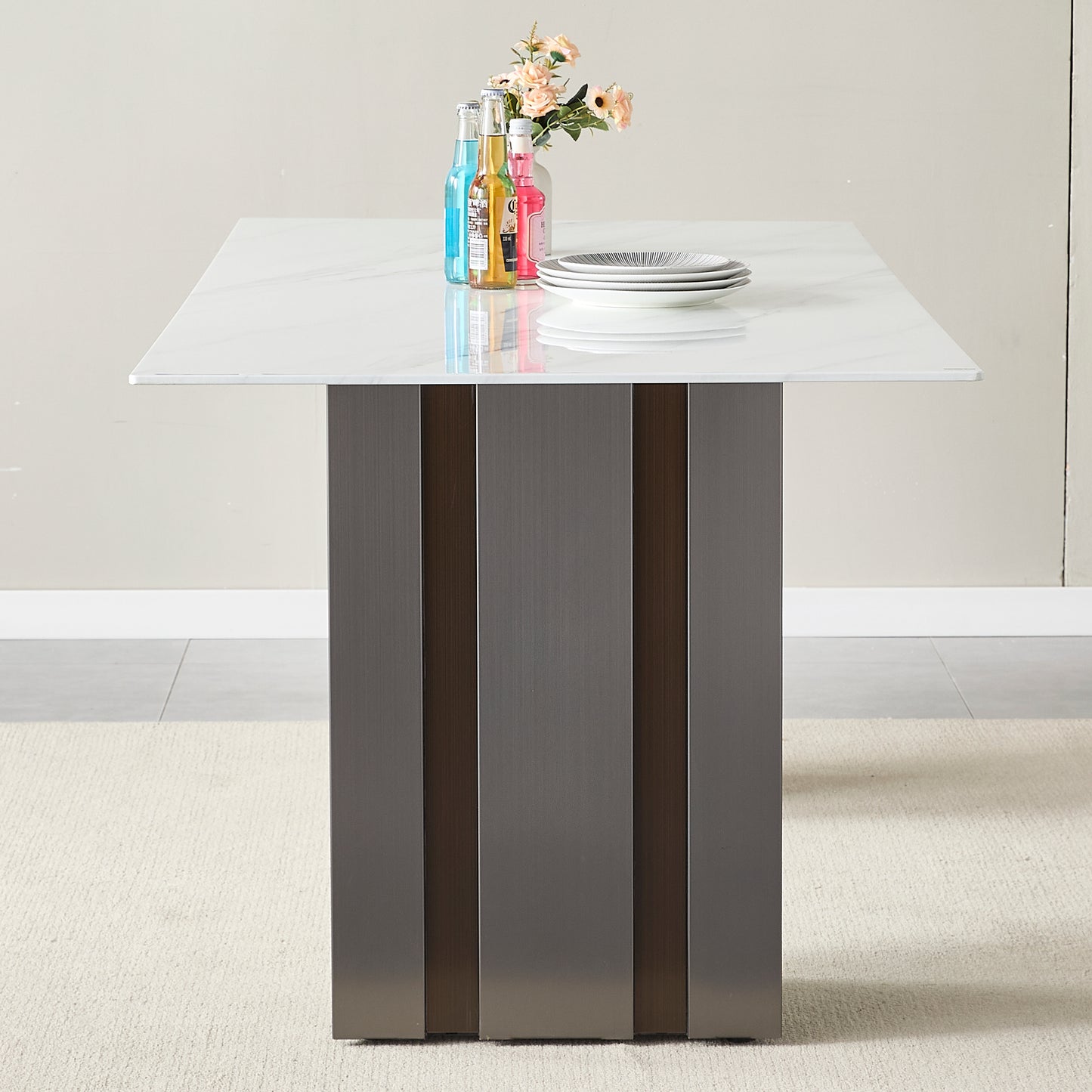Modern Glass Dining Table with Marble Texture, Grey and White Finish