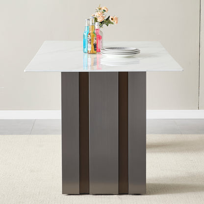 Modern Glass Dining Table with Marble Texture, Grey and White Finish