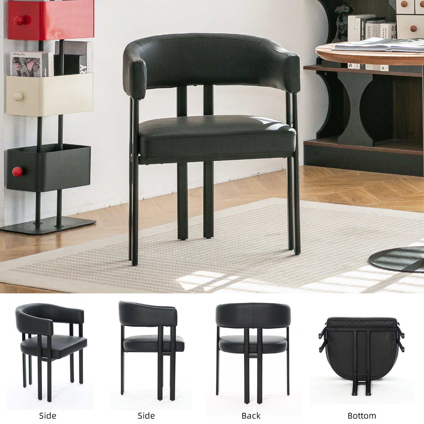 Black Barrel Dining Chair - 2 Faux Leather Arm Chairs