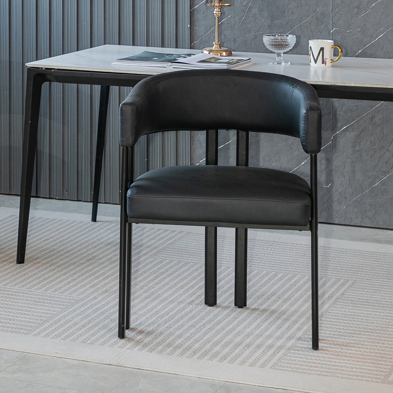 Black Barrel Dining Chair - 2 Faux Leather Arm Chairs