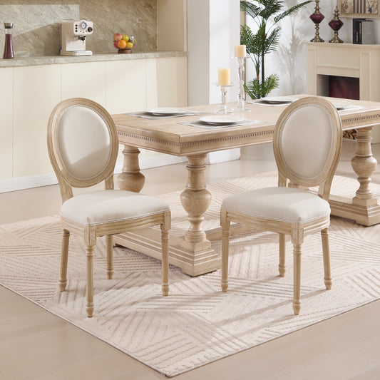 French Country Dining Chairs Set of 2, Upholstered  Chairs with  Round Back, Wire drawing and carving techniques ,Disassemblable ,  for Living Room, Kitchen , Restaurant Use, Beige