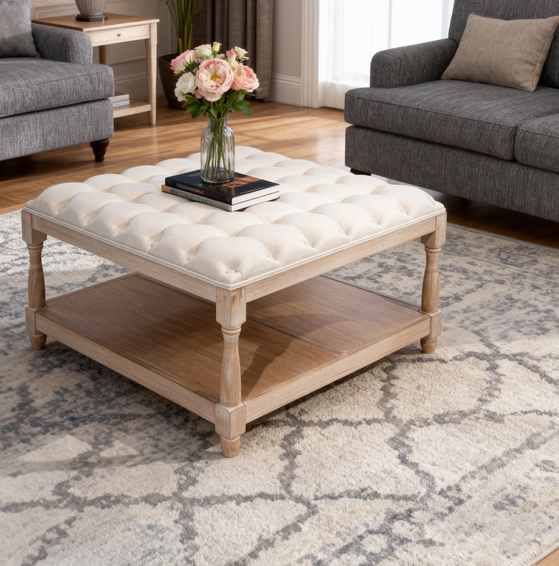 33-Inch Large Square Ottoman Coffee Table - Beige Linen