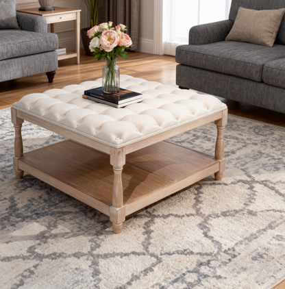 33-Inch Large Square Ottoman Coffee Table - Beige Linen