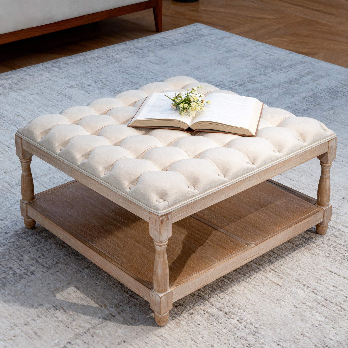 33-Inch Large Square Ottoman Coffee Table - Beige Linen