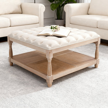 33-Inch Large Square Ottoman Coffee Table - Beige Linen