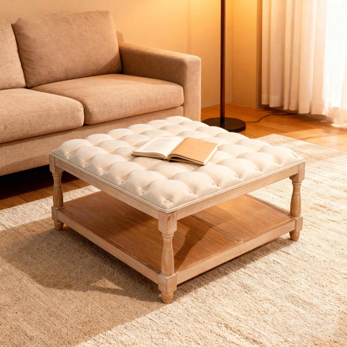 33-Inch Large Square Ottoman Coffee Table - Beige Linen