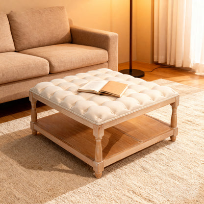 33-Inch Large Square Ottoman Coffee Table - Beige Linen