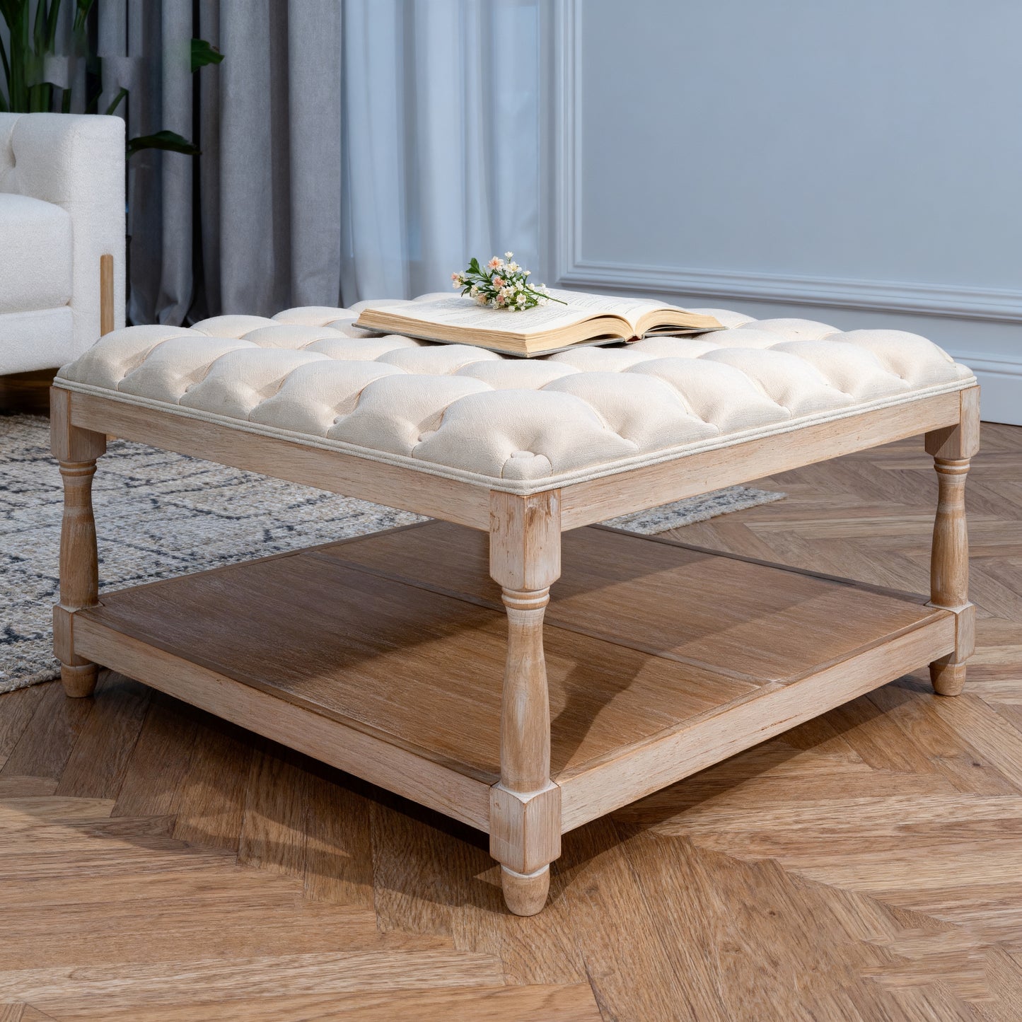 33-Inch Large Square Ottoman Coffee Table - Beige Linen