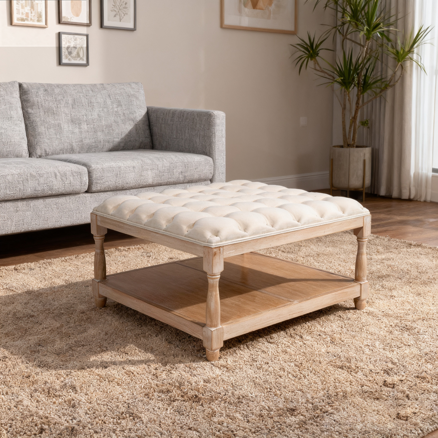 33-Inch Large Square Ottoman Coffee Table - Beige Linen
