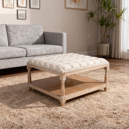 33-Inch Large Square Ottoman Coffee Table - Beige Linen