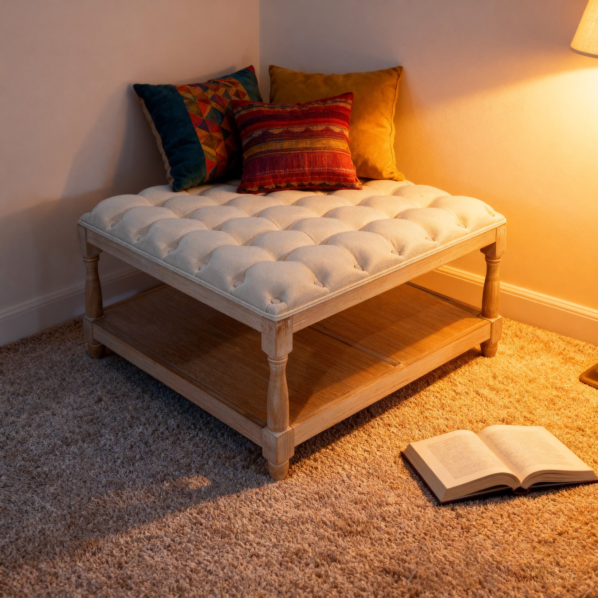 33-Inch Large Square Ottoman Coffee Table - Beige Linen