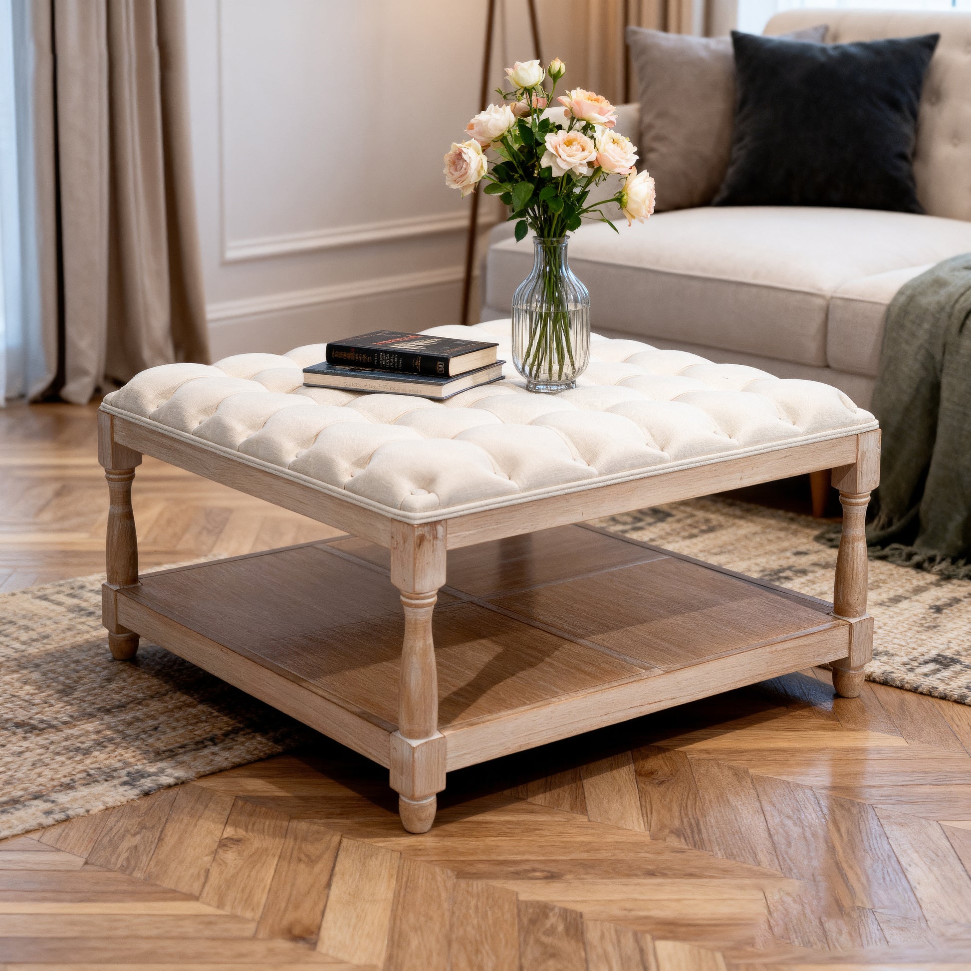 33-inch Large Square Ottoman Coffee Tables for Living Room, Tufted Upholstered Linen Ottoman with Storage Shelf and Solid Legs for Office Bedroom Farmhouse (Beige)