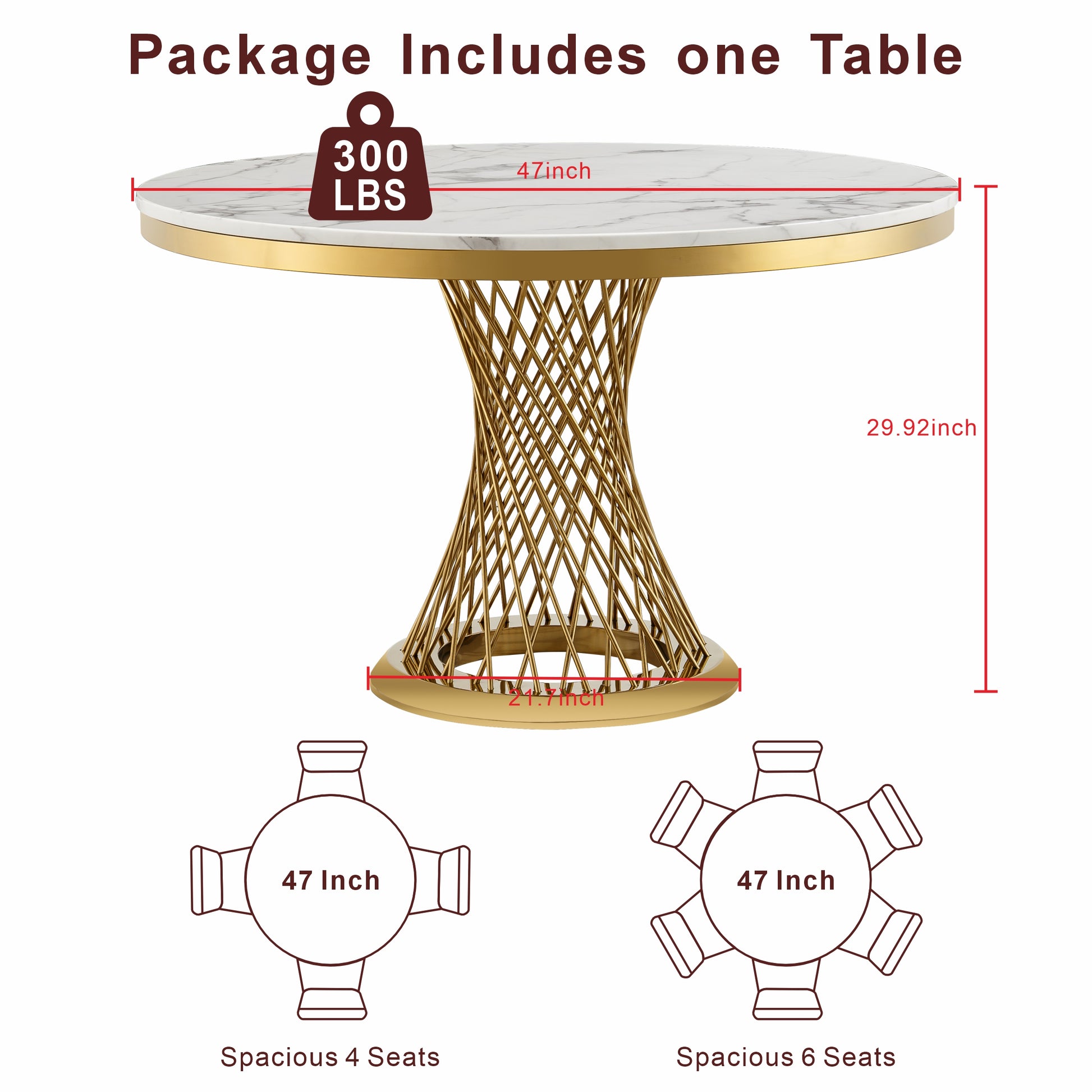 47" Round Marble Dining Table - Gold White Kitchen Table