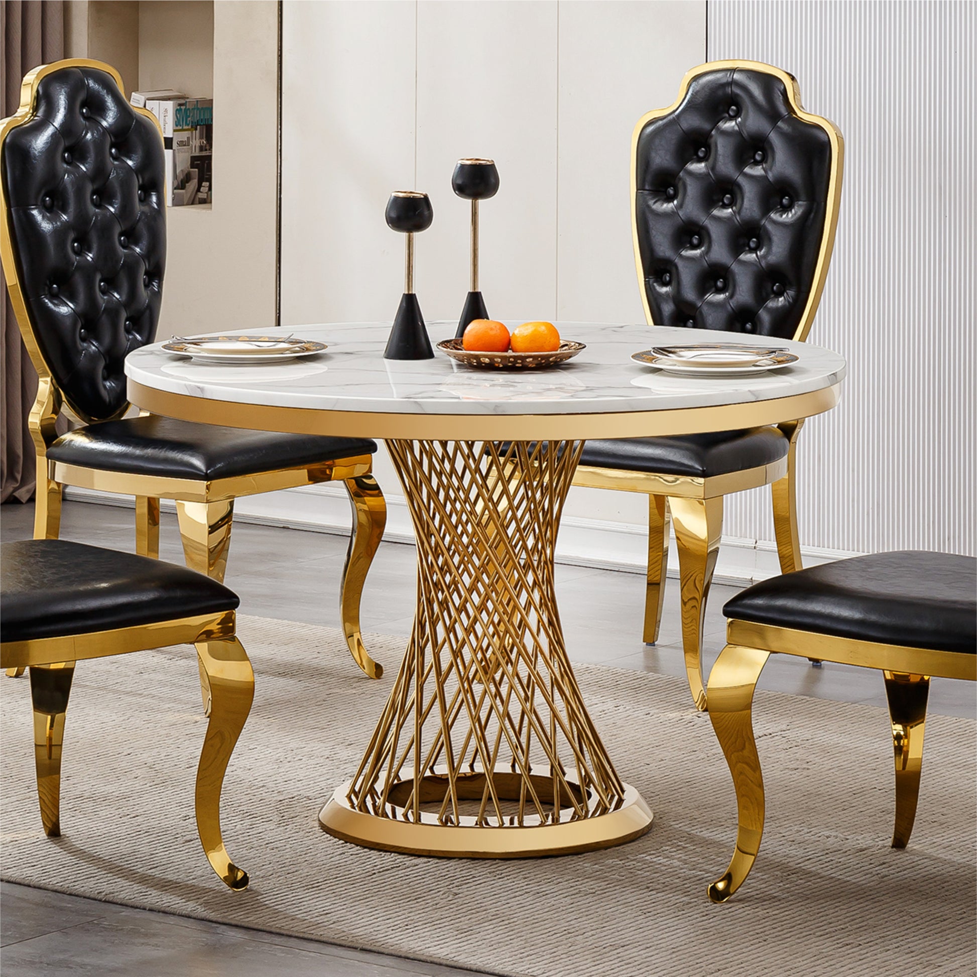 47" Round Marble Dining Table, Modern Kitchen Table with High Gloss Faux Marble Tabletop and Stainless Steel Base for Dining Room, Kitchen (Gold,White)(Only a table)