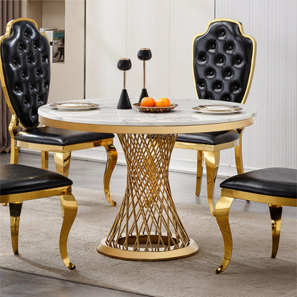 47" Round Marble Dining Table, Modern Kitchen Table with High Gloss Faux Marble Tabletop and Stainless Steel Base for Dining Room, Kitchen (Gold,White)(Only a table)