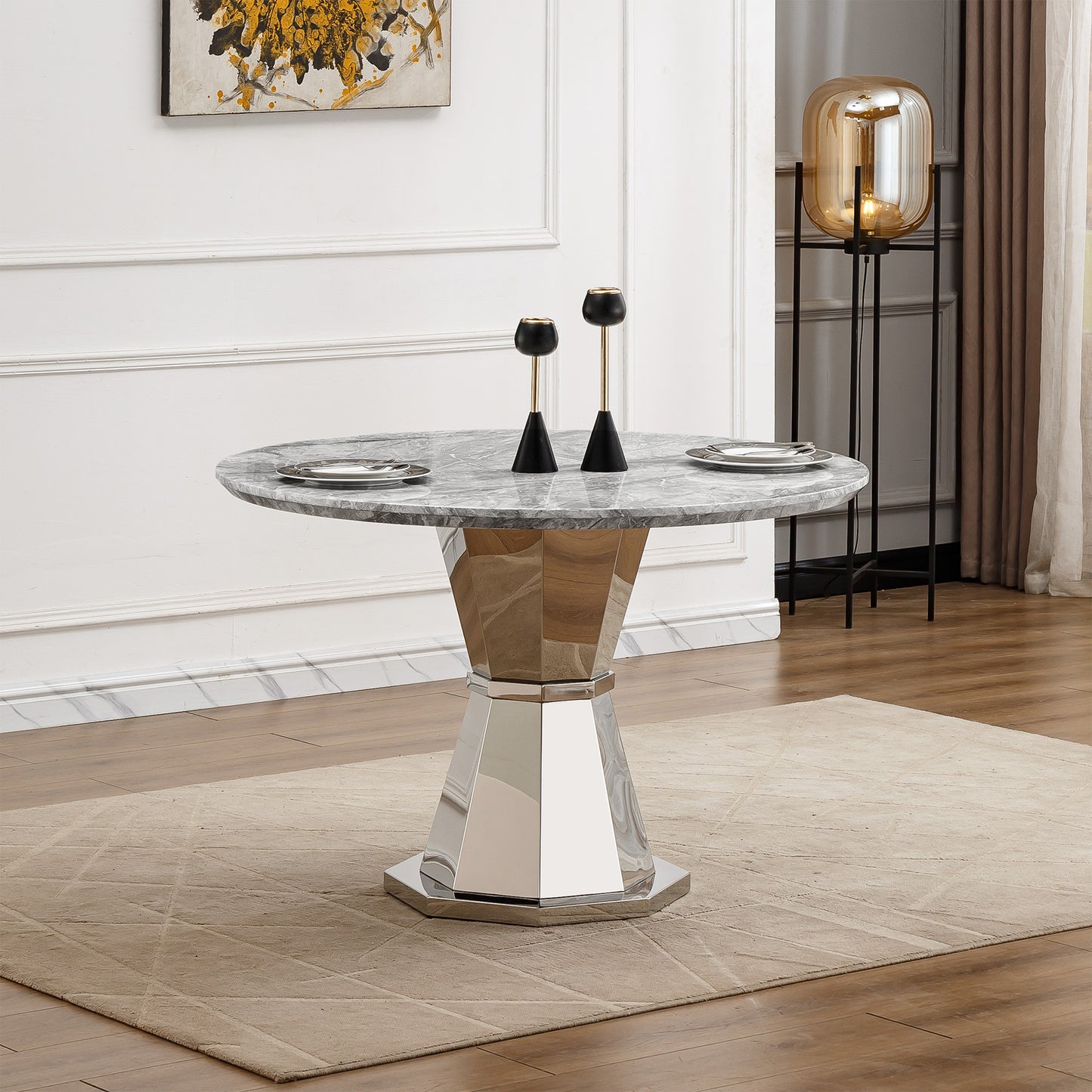 47" Round Marble Dining Table - Modern Kitchen Table with Stainless Steel Base