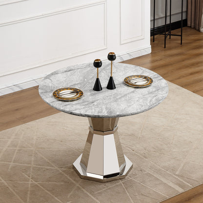 47" Round Marble Dining Table - Modern Kitchen Table with Stainless Steel Base