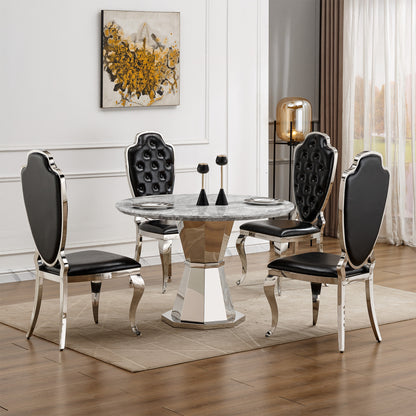 47" Round Marble Dining Table - Modern Kitchen Table with Stainless Steel Base