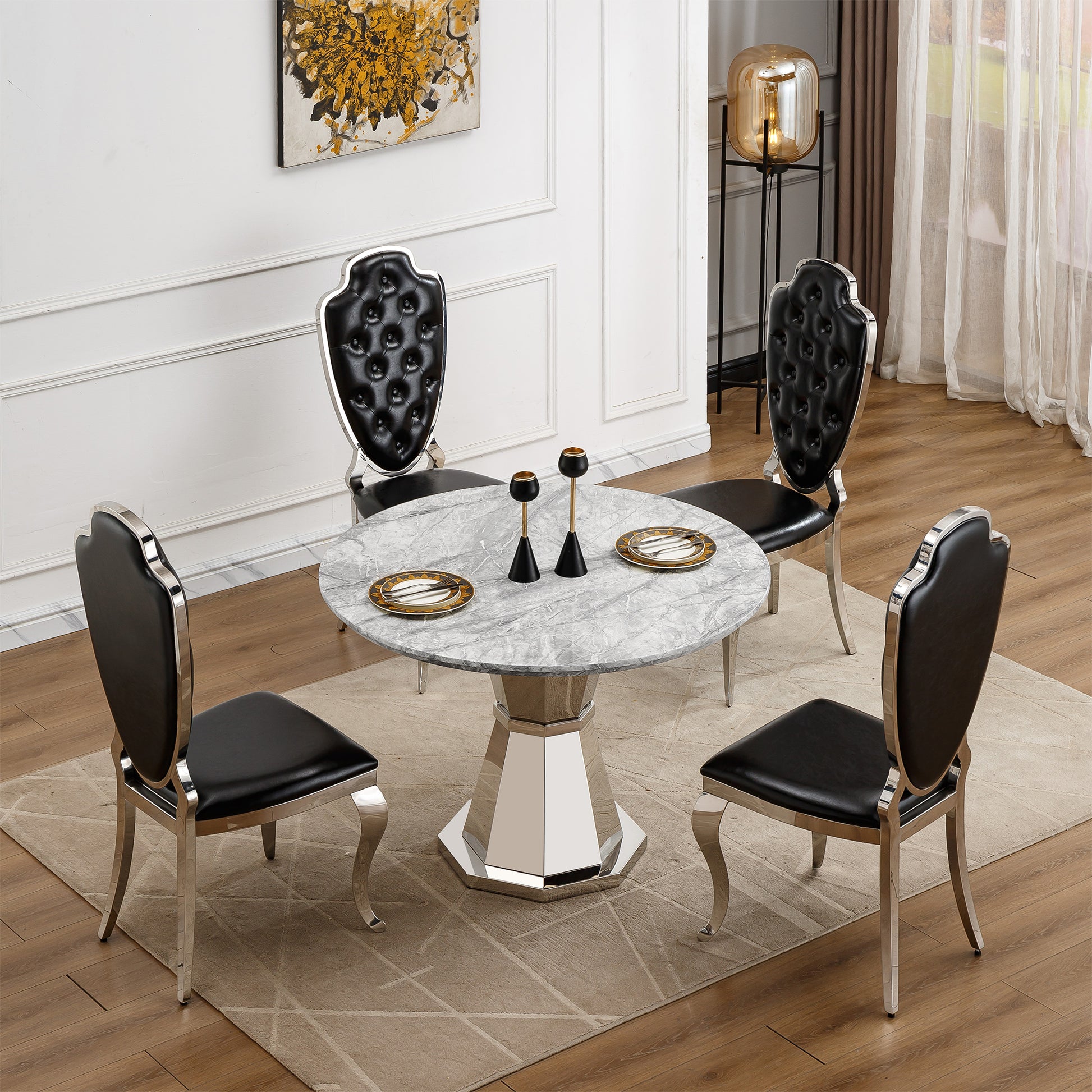 47" Round Marble Dining Table - Modern Kitchen Table with Stainless Steel Base