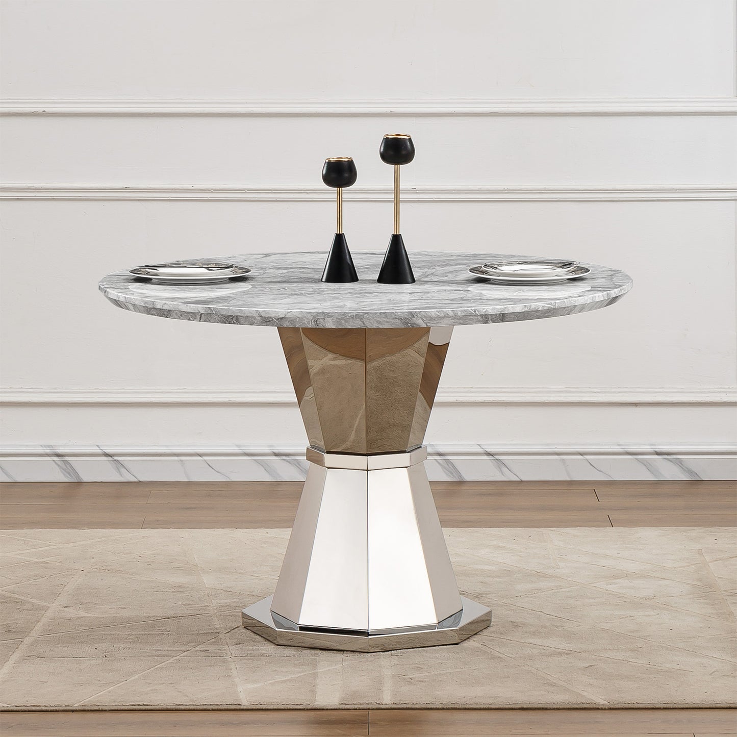 47" Round Marble Dining Table, Modern Kitchen Table with High Gloss Faux Marble Tabletop and Stainless Steel Base for Dining Room, Kitchen (Sliver,Gray)(only table)