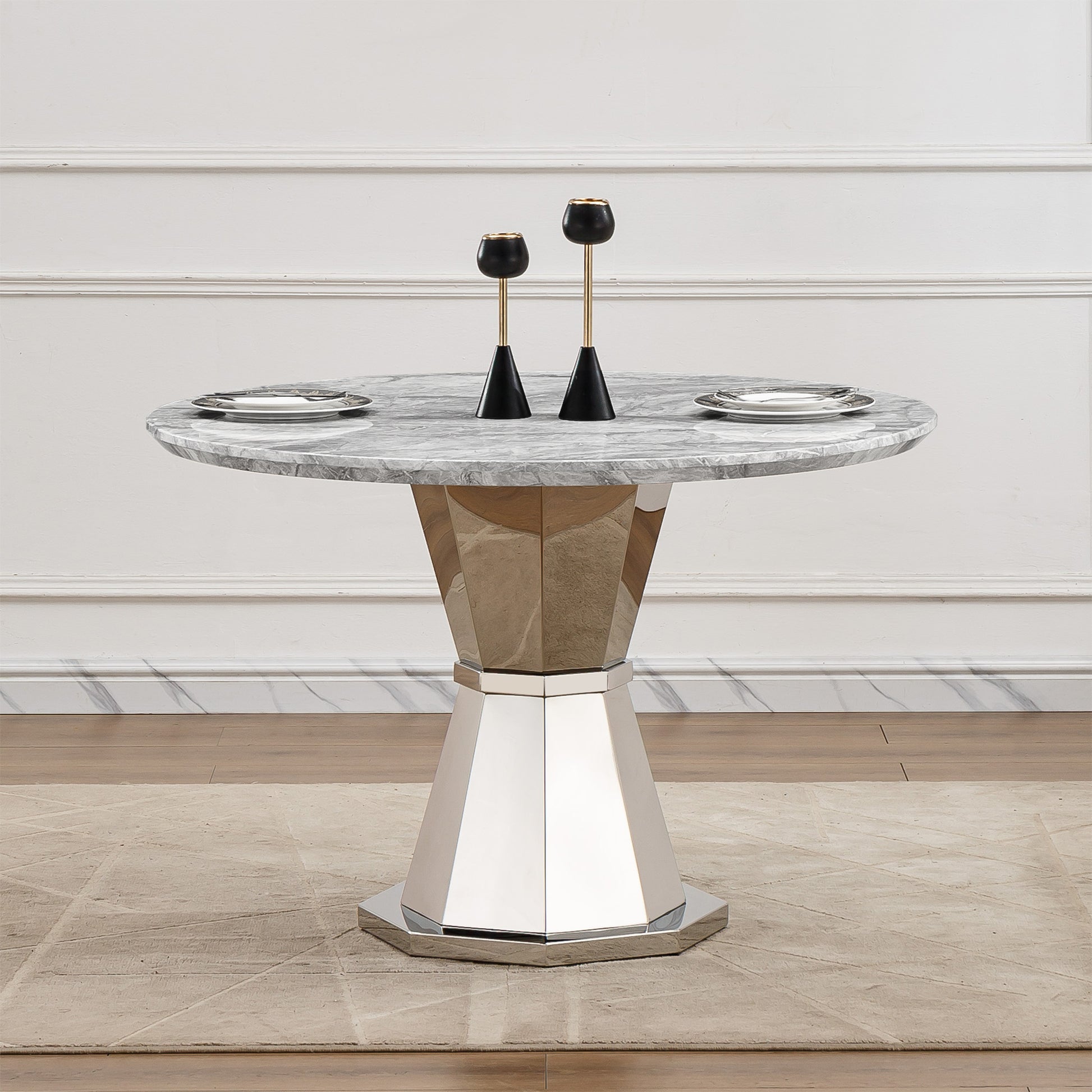 47" Round Marble Dining Table, Modern Kitchen Table with High Gloss Faux Marble Tabletop and Stainless Steel Base for Dining Room, Kitchen (Sliver,Gray)(only table)