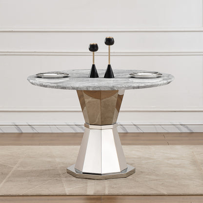 47" Round Marble Dining Table, Modern Kitchen Table with High Gloss Faux Marble Tabletop and Stainless Steel Base for Dining Room, Kitchen (Sliver,Gray)(only table)