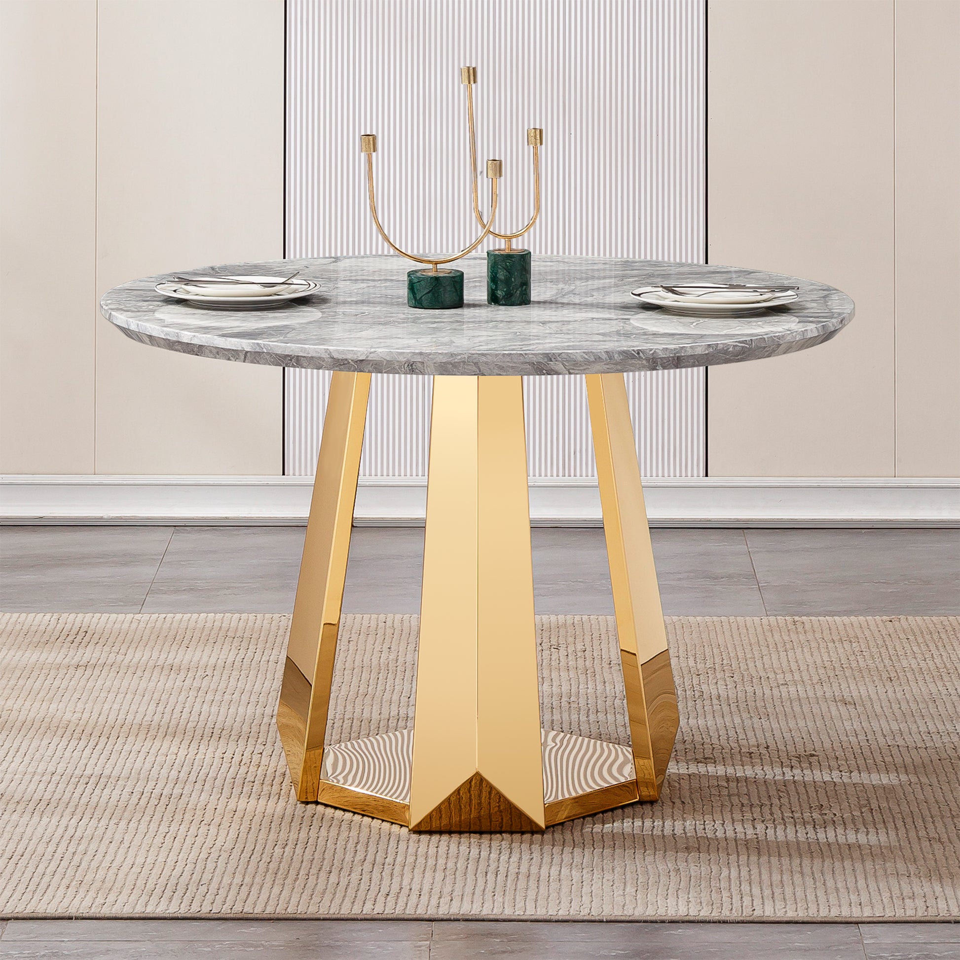 Round Marble Dining Table with Stainless Steel Base for Kitchen and Dining Room