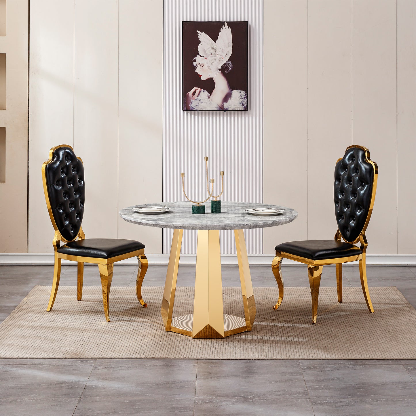 Round Marble Dining Table with Stainless Steel Base for Kitchen and Dining Room