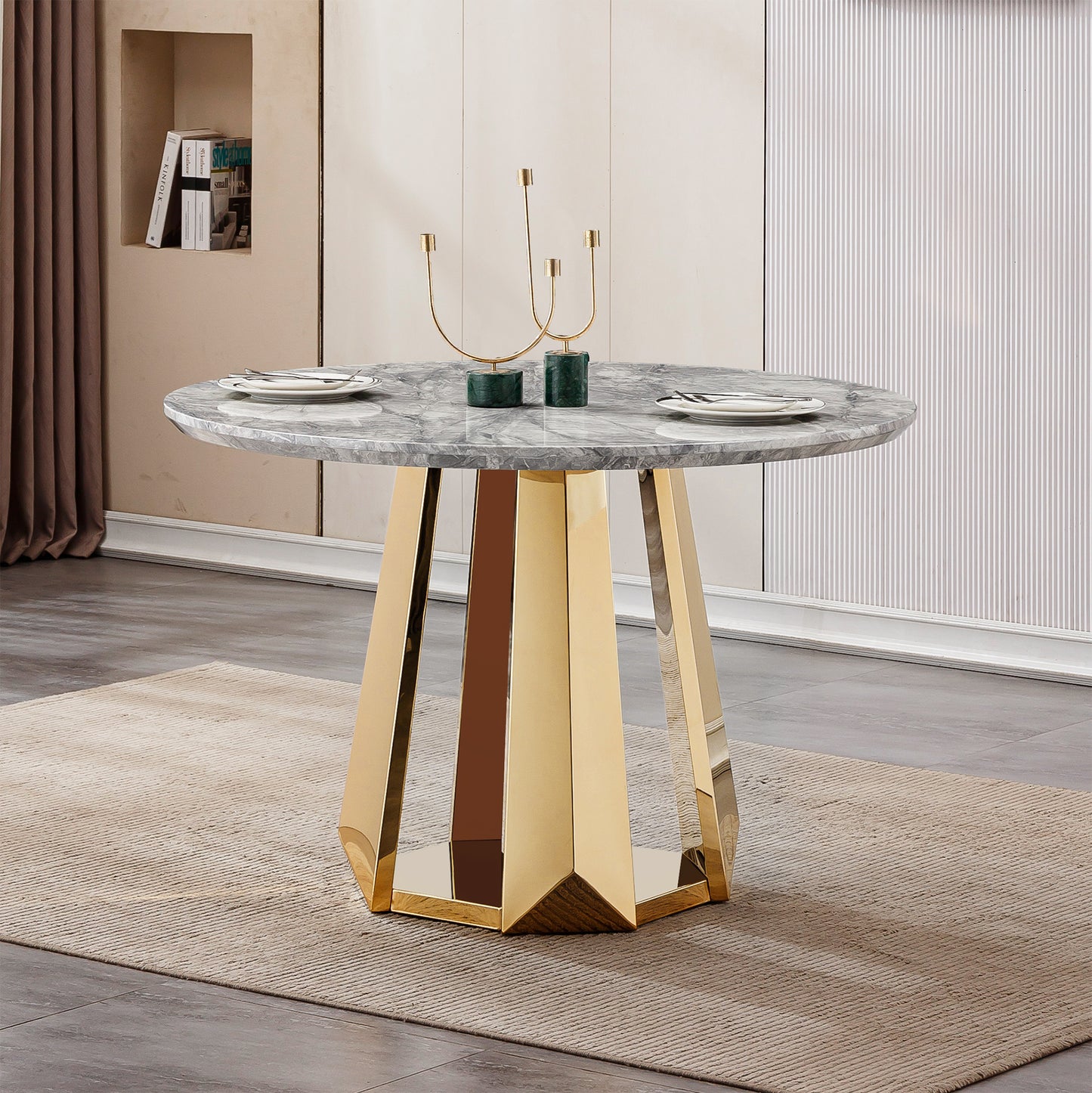 47" Round Marble Dining Table, Modern Kitchen Table with High Gloss Faux Marble Tabletop and Stainless Steel Base for Dining Room, Kitchen (Gold,Gray)(only table)