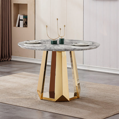 47" Round Marble Dining Table, Modern Kitchen Table with High Gloss Faux Marble Tabletop and Stainless Steel Base for Dining Room, Kitchen (Gold,Gray)(only table)