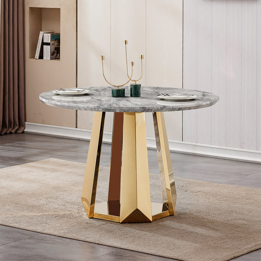 47" Round Marble Dining Table, Modern Kitchen Table with High Gloss Faux Marble Tabletop and Stainless Steel Base for Dining Room, Kitchen (Gold,Gray)(only table)