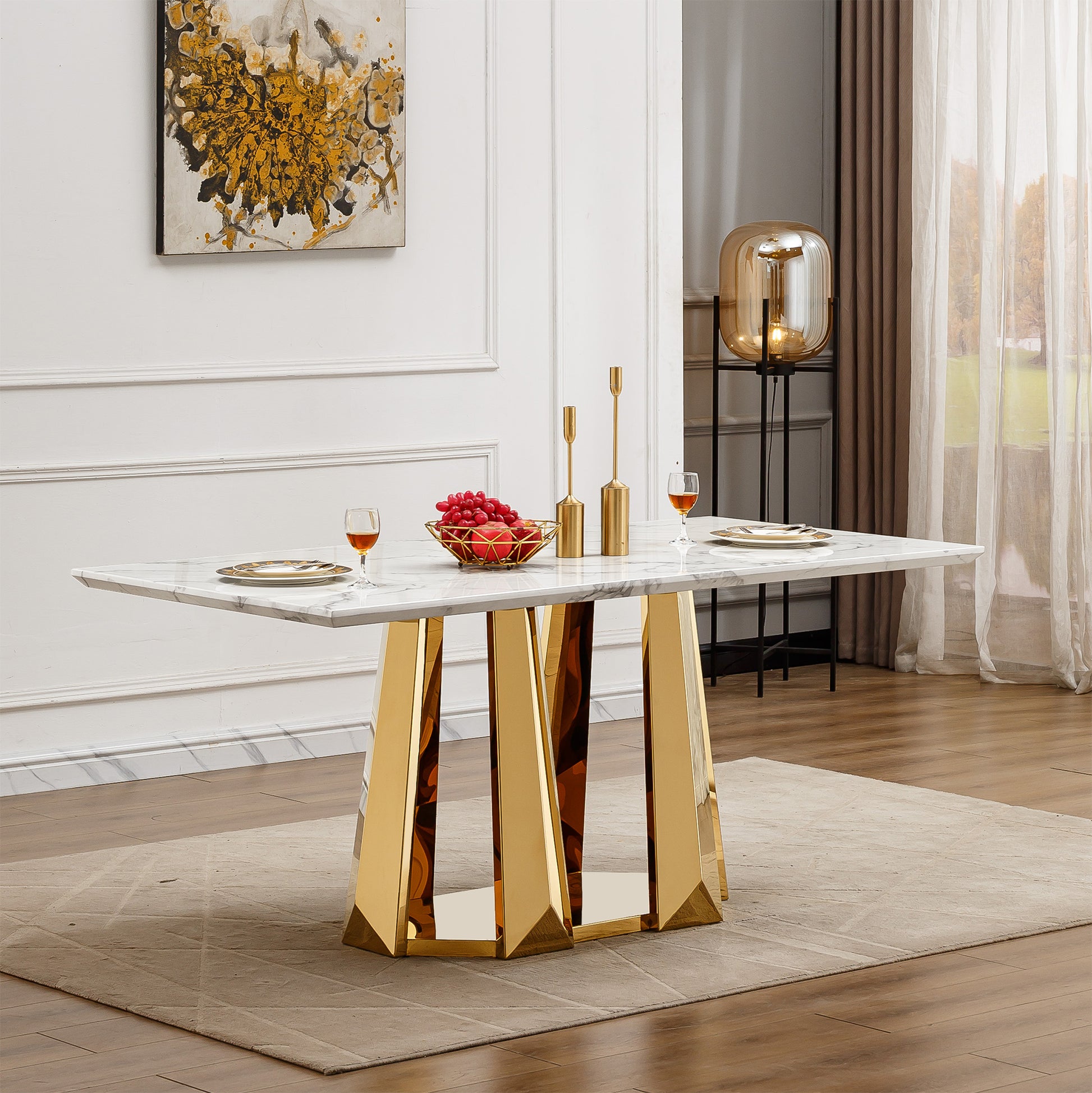 Modern 70" Gold Marble Dining Table with Stainless Steel Base