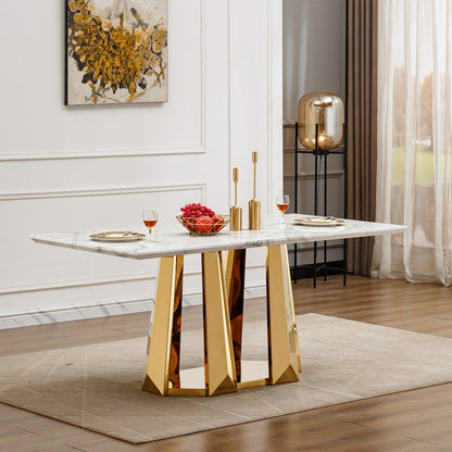 Modern 70" Gold Marble Dining Table with Stainless Steel Base