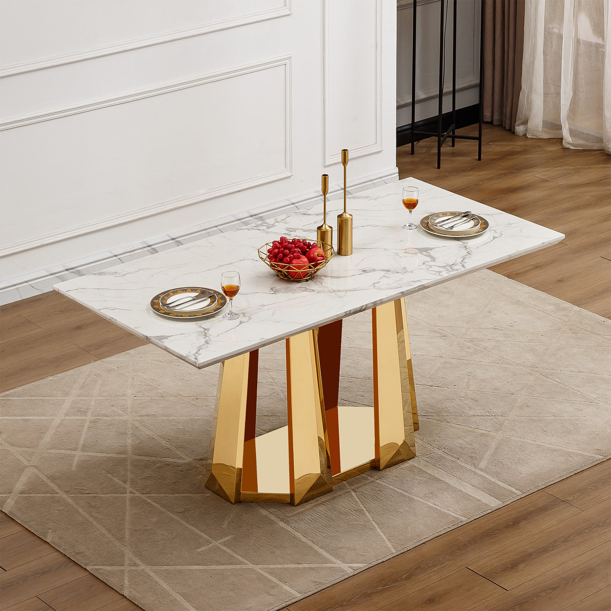 Modern 70" Gold Marble Dining Table with Stainless Steel Base