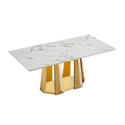 Modern 70" Gold Marble Dining Table with Stainless Steel Base