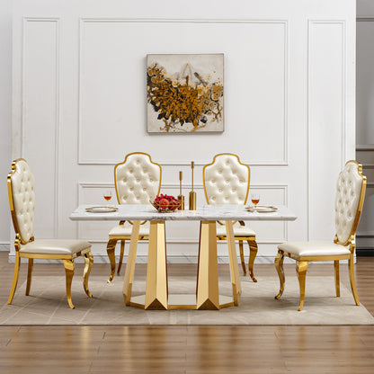Modern 70" Gold Marble Dining Table with Stainless Steel Base