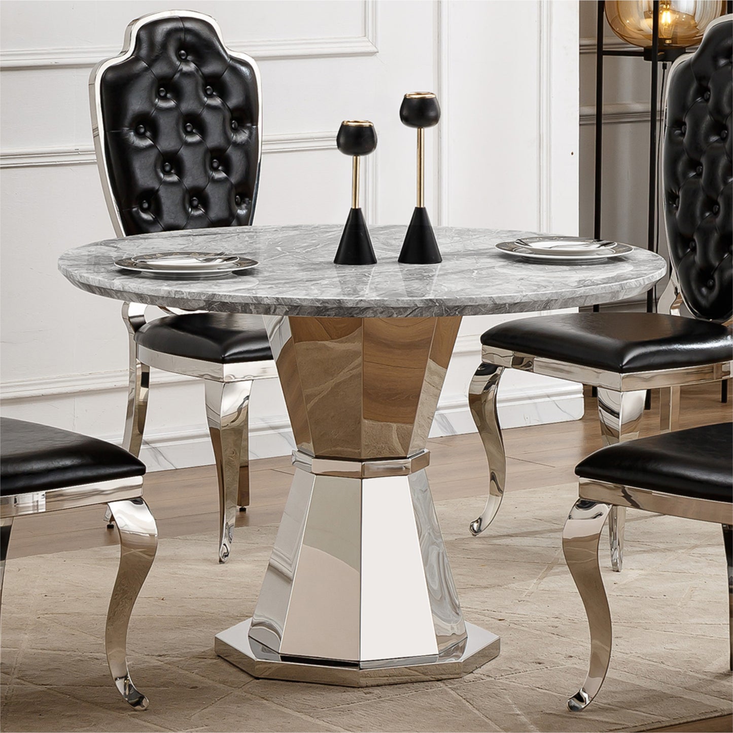47" Round Marble Dining Table, Modern Kitchen Table with High Gloss Faux Marble Tabletop and Stainless Steel Base for Dining Room, Kitchen (Sliver,Gray)(only table)