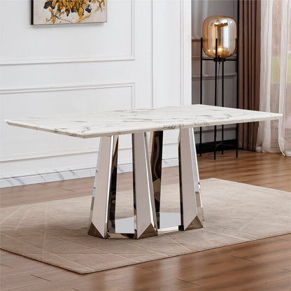 Marble Dining Table for 6 People, 70'' Rectangle Faux Marble Dining Table with Mirrored Finish Stainless Steel Base, Modern Large Size Marble Kitchen Table (Silver,White)(only table)