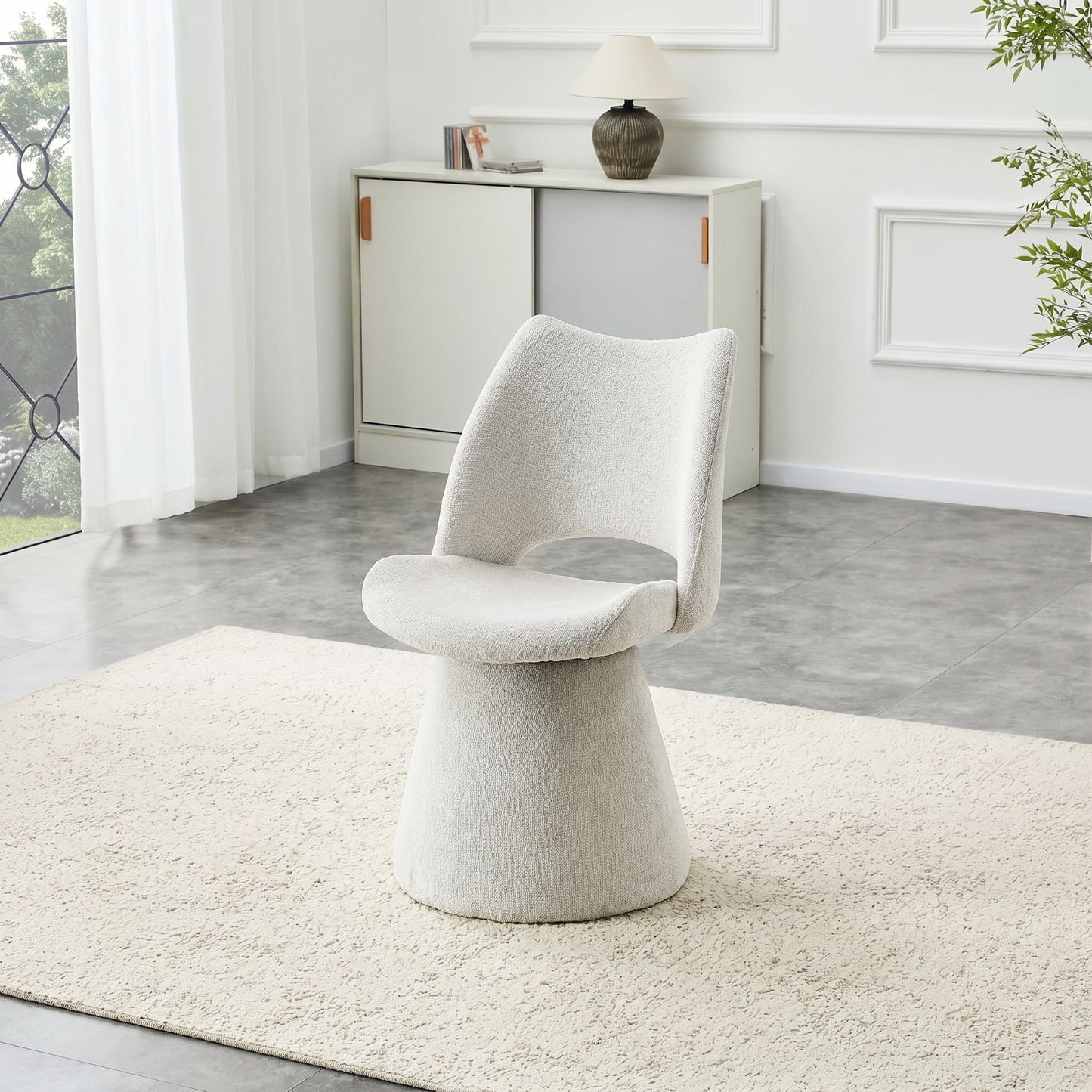 Modern Chenille Accent Chair with Hollow Back Design, Upholstered Dining & Vanity Chair, Stable Metal Base, Stylish Seating for Dining Room or Bedroom (Off-White, Set of 1)