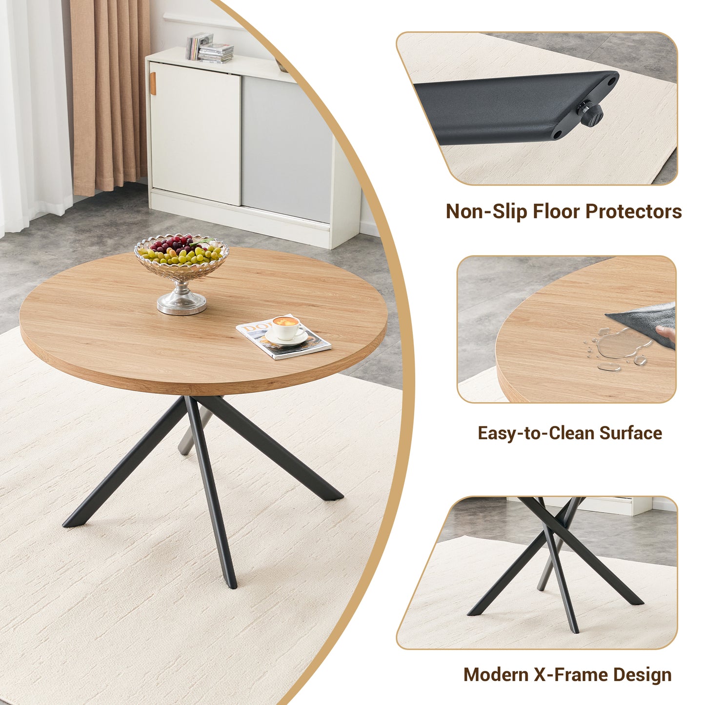 Thick Oak MDF Dining Table with Tool-Free Assembly for Modern Kitchen