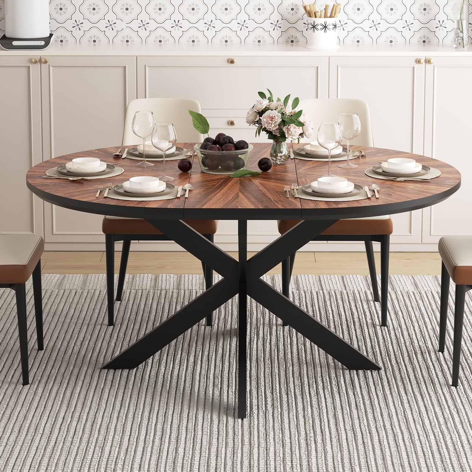 47.2"-63" Extendable Round Dining Table for 4-6, Solid Wood Tabletop & Metal Frame, Walnut Dining Room Furniture