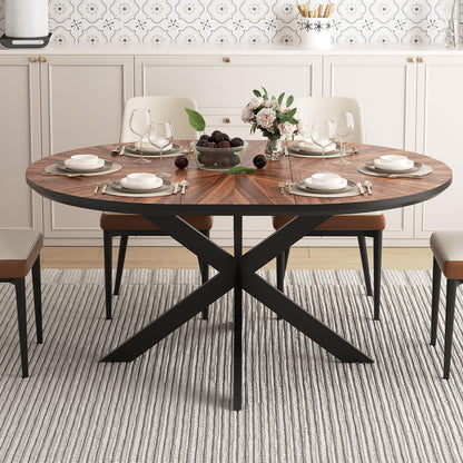 47.2"-63" Extendable Round Dining Table for 4-6, Solid Wood Tabletop & Metal Frame, Walnut Dining Room Furniture